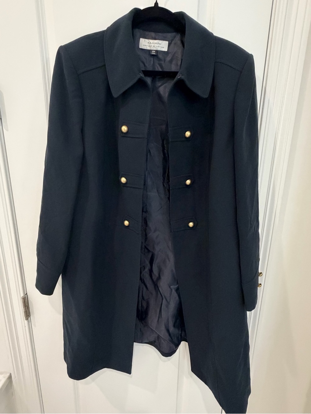 Tahari Black Double Breasted Military Pea Coat with Gold Buttons